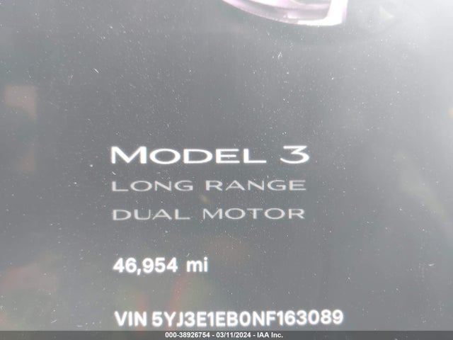 Tesla Model 3 Long Range Dual Motor All-wheel Drive 2022 5YJ3E1EB0NF163089 Image 7