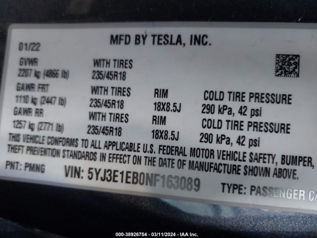 Tesla Model 3 Long Range Dual Motor All-wheel Drive 2022 5YJ3E1EB0NF163089 Image 9