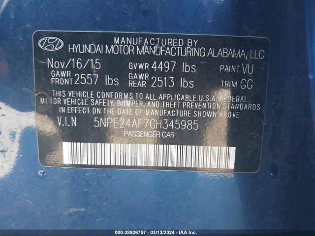 Hyundai SONATA SE 2016 5NPE24AF7GH345985 Image 9