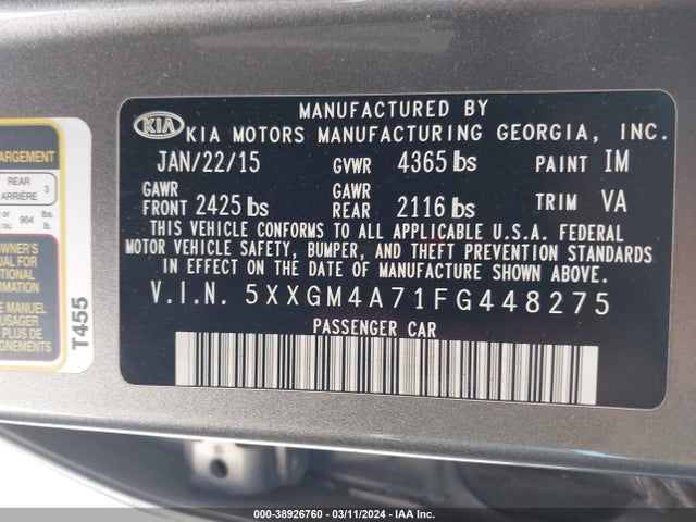 KIA Optima Lx 2015 5XXGM4A71FG448275 Image 9