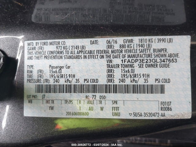 Ford FOCUS S 2016 1FADP3E23GL347653 Image 9
