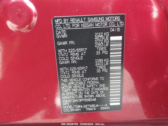 Nissan ROGUE SV 2015 KNMAT2MV3FP558048 Image 9