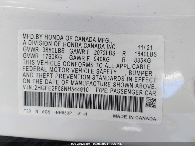 Honda Civic Sport 2022 2HGFE2F58NH544910 Image 9