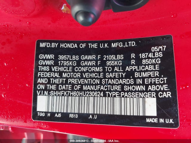 Honda CIVIC EX 2017 SHHFK7H60HU230624 Image 9