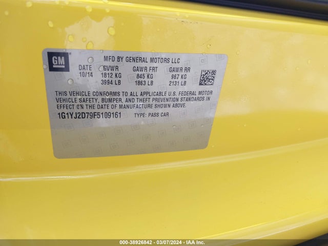 Chevrolet Corvette Stingray Z51 2015 1G1YJ2D79F5109161 Image 9