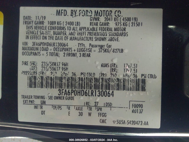 Ford FUSION SE 2020 3FA6P0HD6LR130064 Image 9