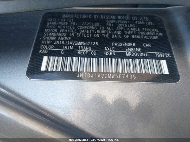 2021 NISSAN ROGUE SPORT S FWD XTRONIC CVT VIN: JN1BJ1AV2MW567435