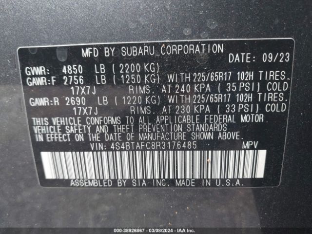 2024 SUBARU OUTBACK 4S4BTAFC8R3176485 Photo 8