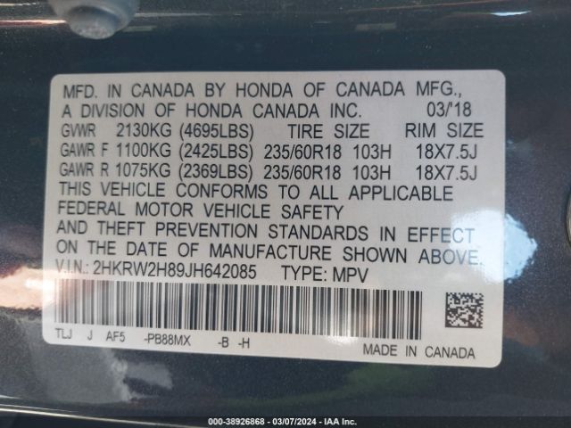 2HKRW2H89JH642085 Honda Cr-v Ex-l/ex-l Navi