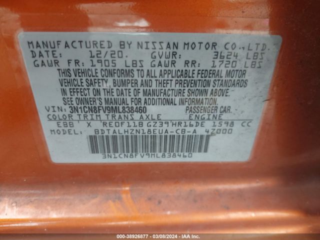 3N1CN8FV9ML838460 Nissan Versa Sr Xtronic Cvt