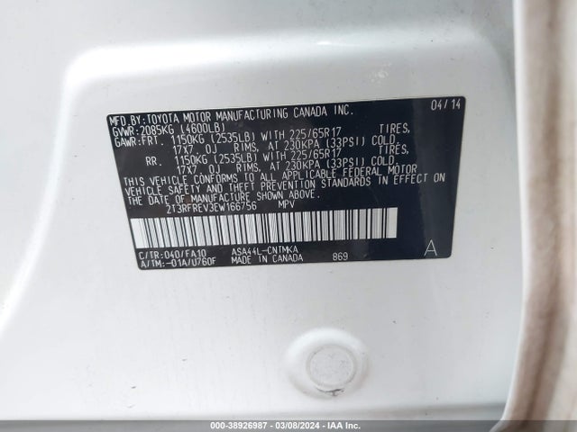 Toyota Rav4 Xle 2014 2T3RFREV3EW166756 Image 9