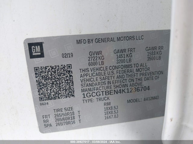 Chevrolet Colorado Wt 2019 1GCGTBEN4K1236704 Image 9