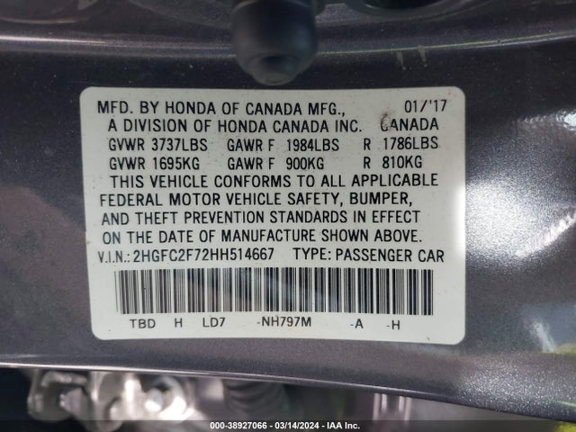 Honda CIVIC EX 2017 2HGFC2F72HH514667 Image 9