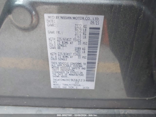 Nissan ROGUE S 2015 5N1AT2MV2FC926223 Image 9