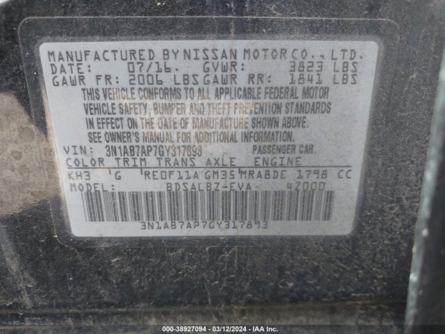 Nissan SENTRA S 2016 3N1AB7AP7GY317893 Image 9