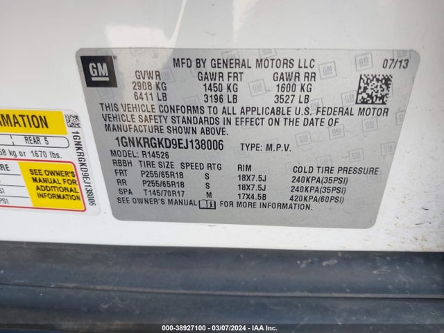 Chevrolet Traverse 1lt 2014 1GNKRGKD9EJ138006 Image 9