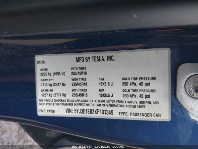 5YJ3E1EB3KF191349 Tesla Model 3 Long Range/performance