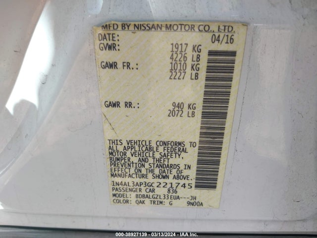 Nissan Altima 2.5 S 2016 1N4AL3AP3GC221745 Image 9