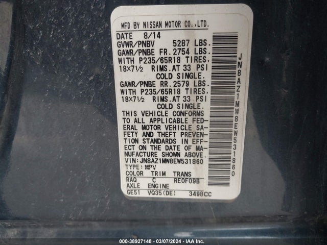 Nissan MURANO S 2014 JN8AZ1MW8EW531860 Image 9
