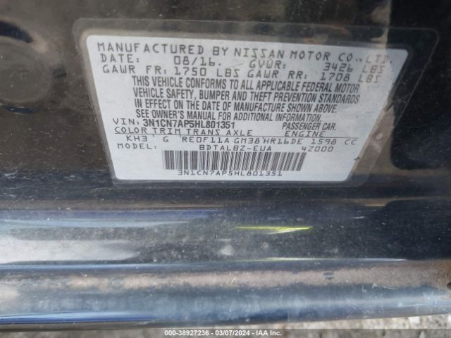 3N1CN7AP5HL801351 Nissan Versa 1.6 S/1.6 S+/1.6 Sl/1.6 Sv