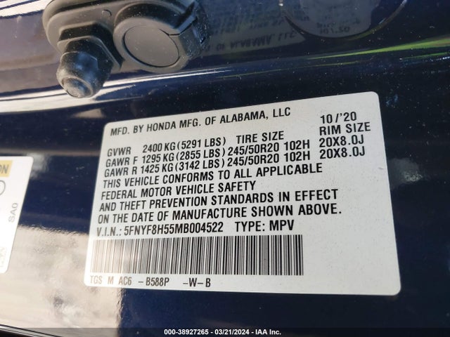 Honda Passport Awd Ex-l 2021 5FNYF8H55MB004522 Image 9