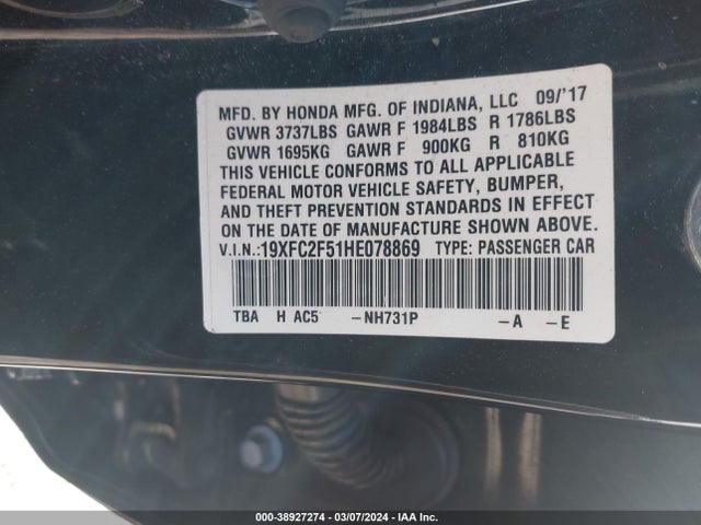 Honda Civic Lx 2017 19XFC2F51HE078869 Image 9