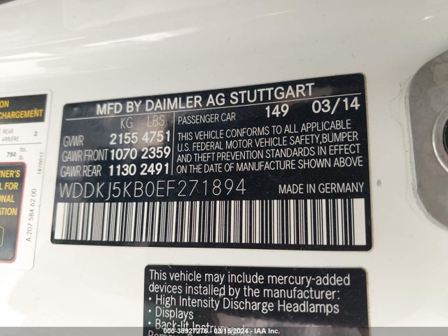 Продажа на аукционе авто 2014 Mercedes-benz E 350, vin: WDDKJ5KB0EF271894, номер лота: 38927276