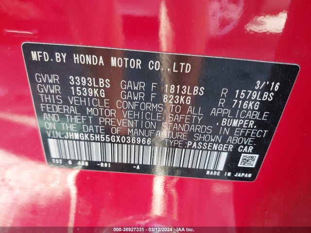 Honda FIT LX 2016 JHMGK5H55GX036966 Image 9