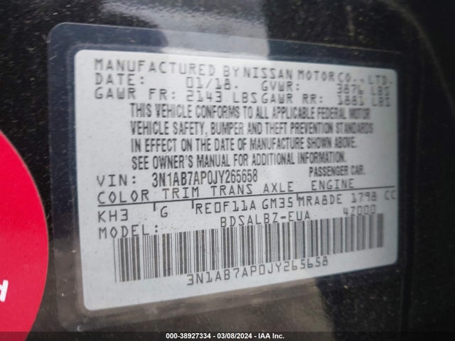 Nissan SENTRA S 2018 3N1AB7AP0JY265658 Image 9