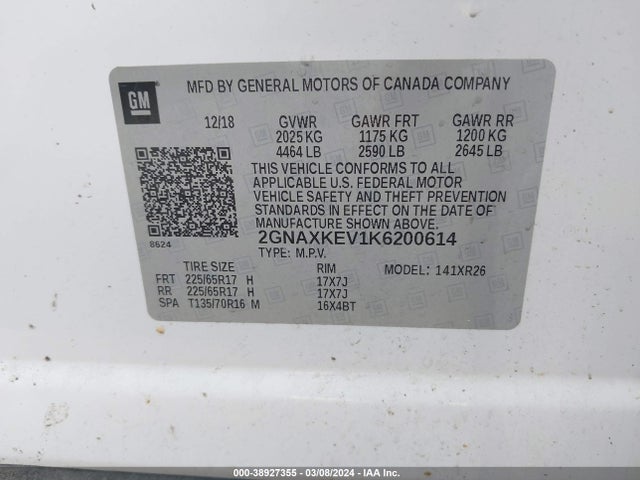 Chevrolet EQUINOX LT 2019 2GNAXKEV1K6200614 Image 9