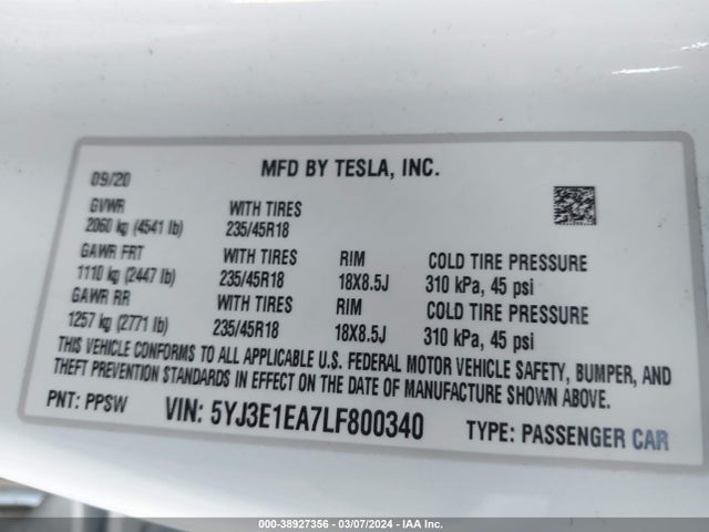 5YJ3E1EA7LF800340 Tesla Model 3 Standard Range Plus Rear-wheel Drive/standard Range Rear-wheel Drive