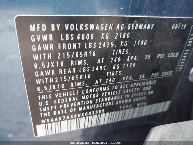 WVGAV7AX6HK003989 Volkswagen Tiguan 2.0t S