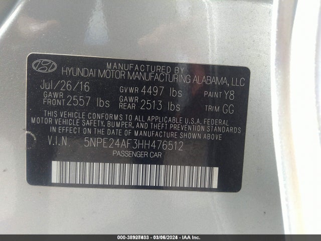 Hyundai SONATA 2017 5NPE24AF3HH476512 Image 9