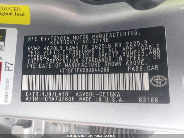 Toyota CAMRY XLE 2017 4T1BF1FKXHU644286 Image 9