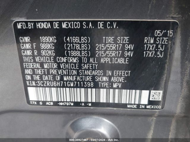 3CZRU6H71GM711398 Honda Hr-v Ex-l