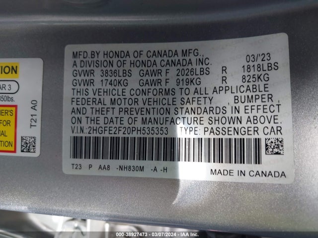 2023 Honda Civic Lx მანქანა იყიდება აუქციონზე, vin: 2HGFE2F20PH535353, აუქციონის ნომერი: 38927473