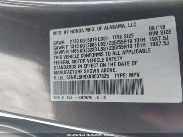 5FNRL6H9XKB037825 Honda Odyssey Elite