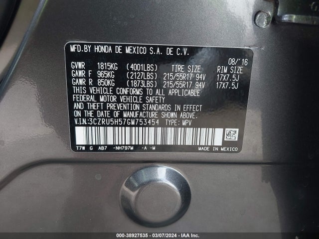 Honda HR-V EX 2016 3CZRU5H57GM753454 Image 9