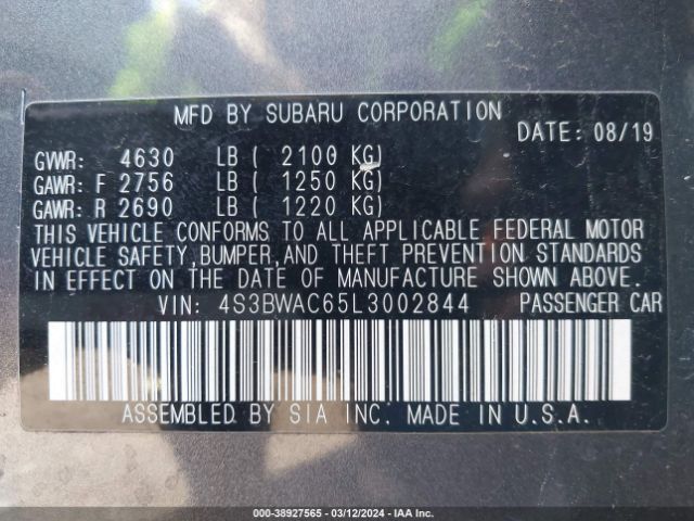 4S3BWAC65L3002844 Subaru Legacy Premium