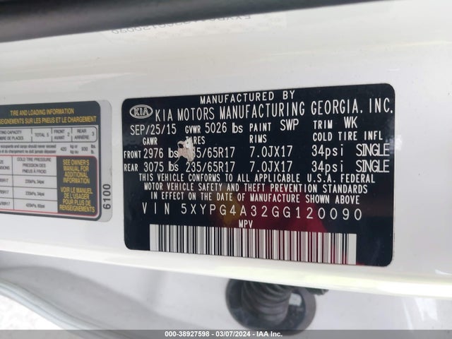 KIA Sorento 2.4l Lx 2016 5XYPG4A32GG120090 Image 9