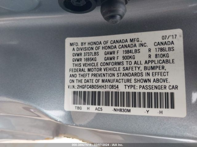 2HGFC4B05HH310854 Honda Civic Lx-p