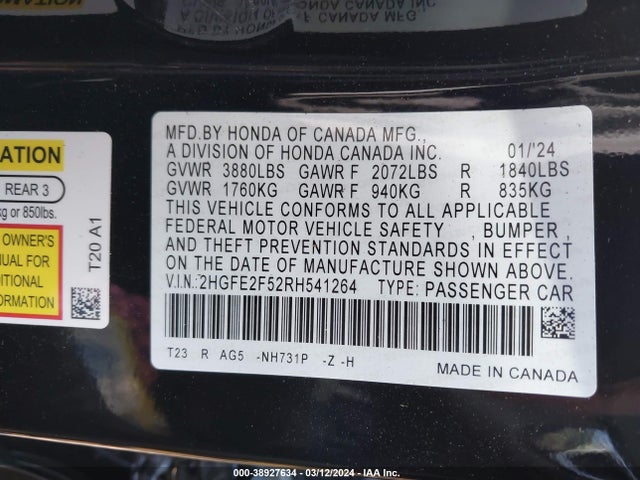 Honda Civic Sport 2024 2HGFE2F52RH541264 Image 9