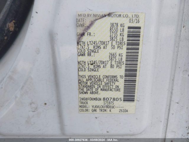1N6BF0KM8GN807805 Nissan Nv Cargo Nv1500 S V6/sv V6