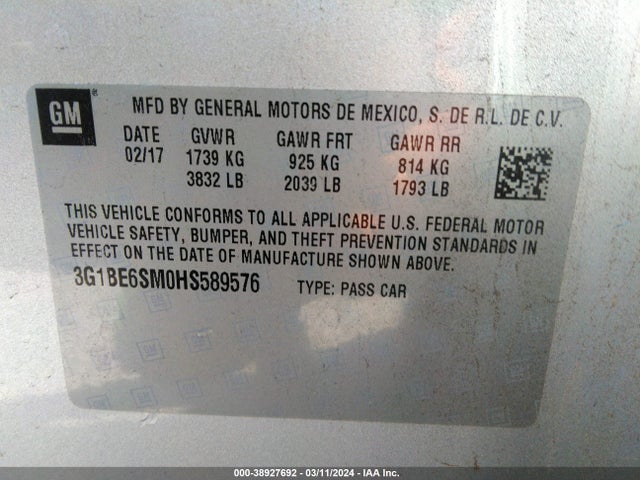 Chevrolet Cruze Lt Auto 2017 3G1BE6SM0HS589576 Image 9