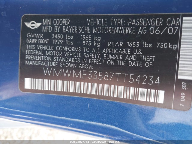 2007 MINI COOPER WMWMF33587TT54234 Photo 8