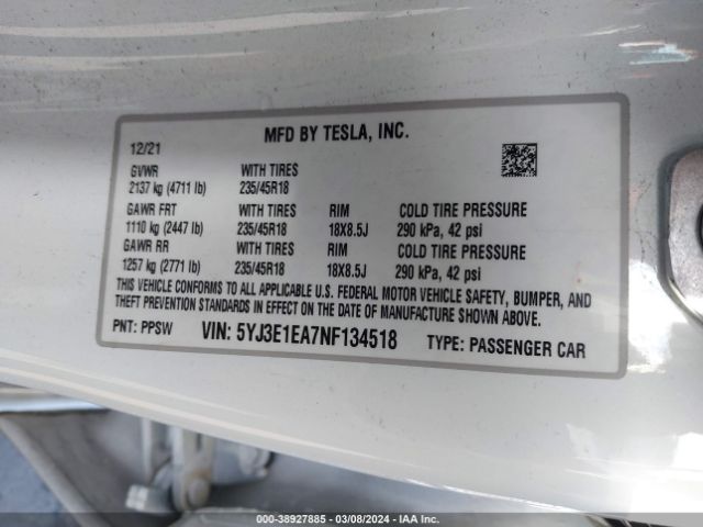 5YJ3E1EA7NF134518 Tesla Model 3 Rear-wheel Drive