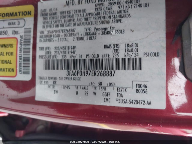 Ford FUSION SE 2014 3FA6P0H97ER268887 Image 9