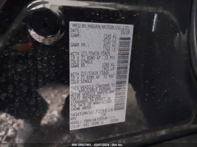 Nissan Rogue Sl 2019 5N1AT2MV5KC729816 Image 9
