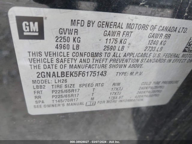 Chevrolet EQUINOX 1LT 2015 2GNALBEK5F6175143 Image 9