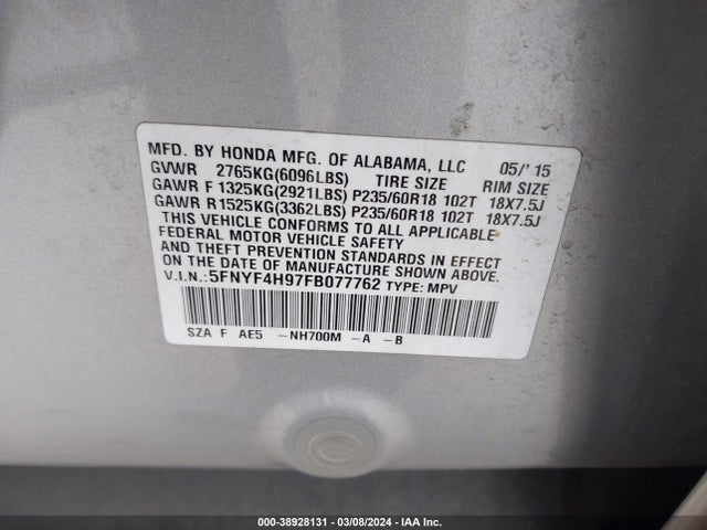 Honda Pilot Touring 2015 5FNYF4H97FB077762 Image 9